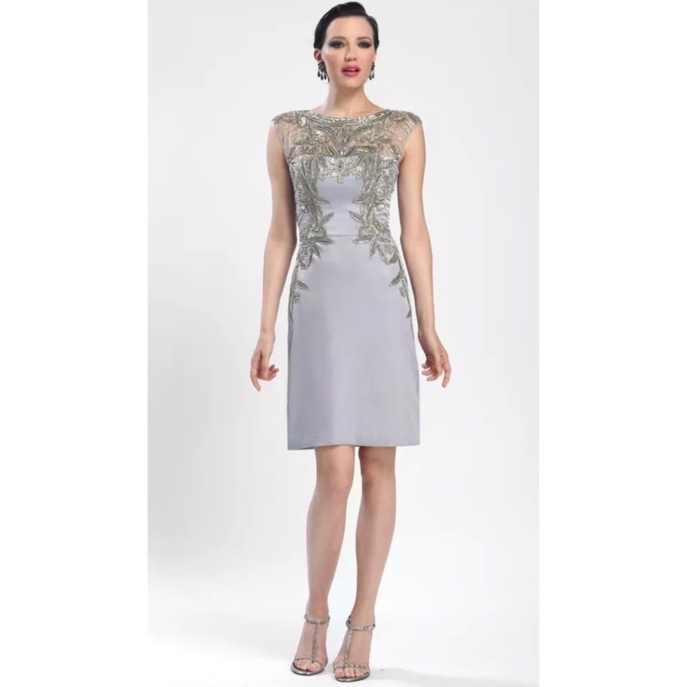 SUE WONG 12 Platinum Silver Gray beaded Sequin Embellished Formal Cockta…